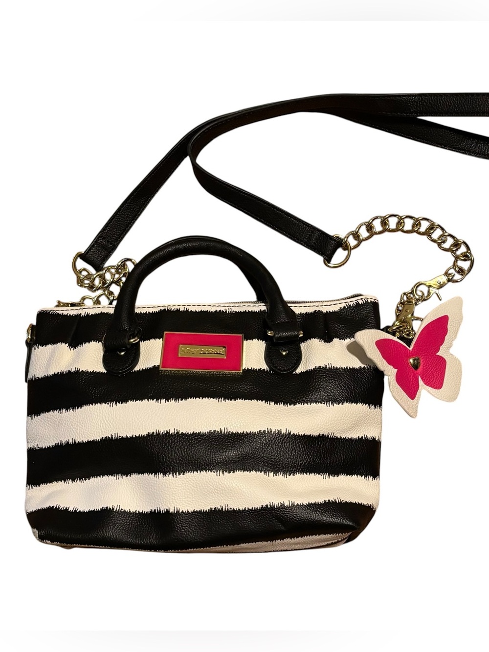 Betsey Johnson Black and White Striped Crossbody Bag with Pink Butterfly Charm
